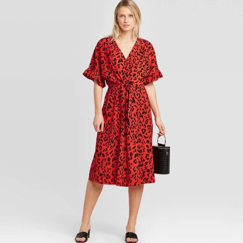 Who What Wear Red Animal Print Midi Dress